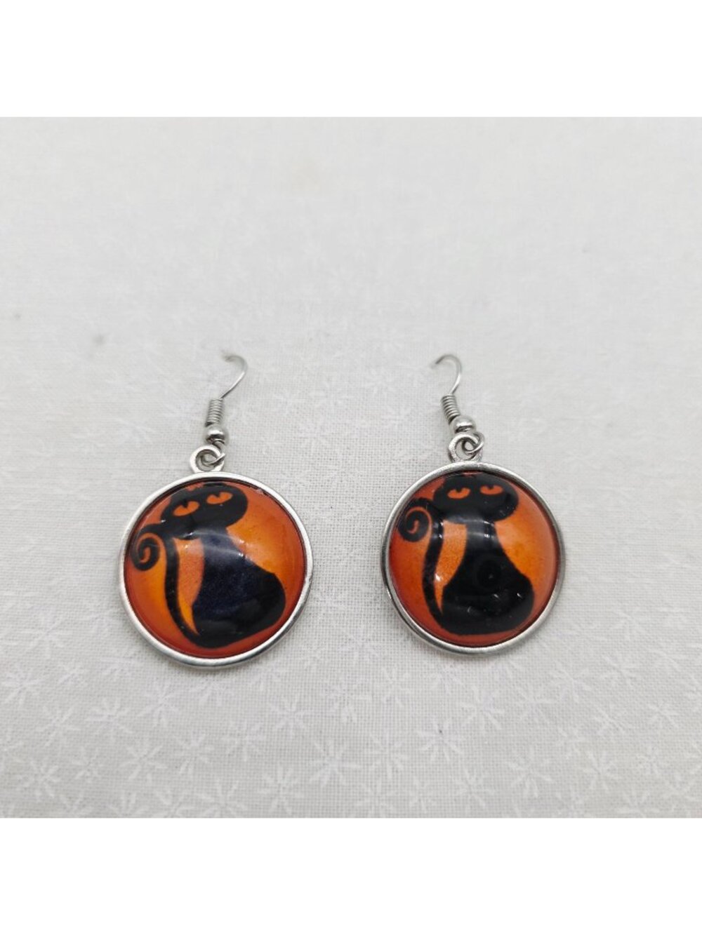 Black Cat Halloween Dangle Earrings Orange Background Round